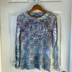 One World, medium, long sleeve shirt, rhinestone rose detail